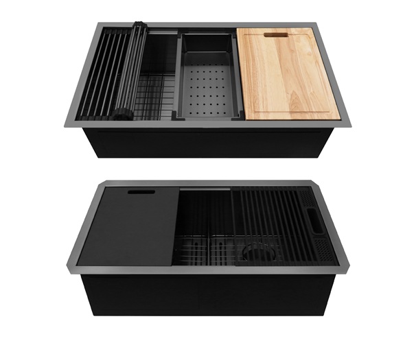 Black nano Handcrafted sinks with different accessory configurations