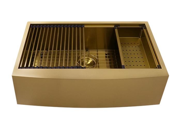 33 Inch Gold Nano Workstation Apron-front Stainless Steel Sink, AS-R3321C-G